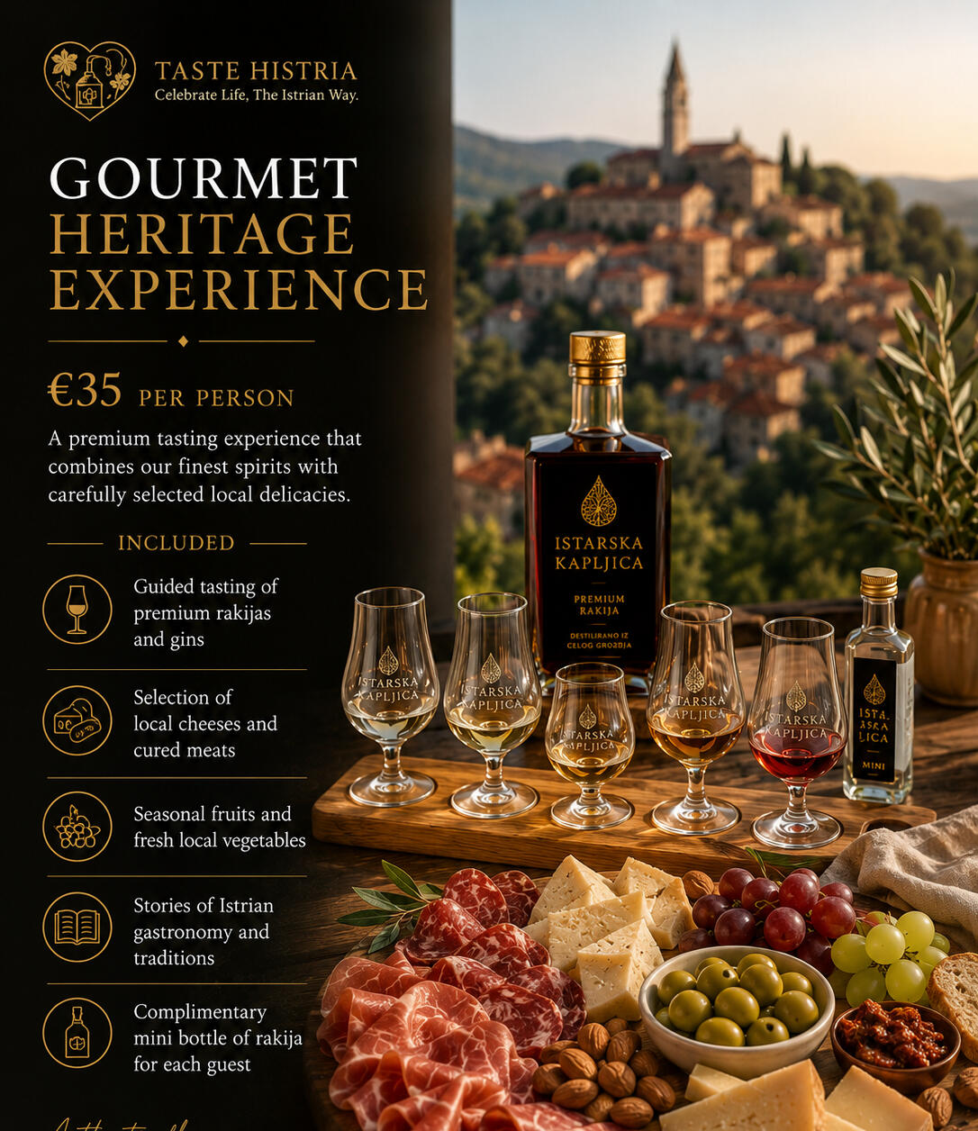 €35 per person A premium tasting experience that combines our finest spirits with carefully selected local delicacies. Included Guided tasting of premium rakijas and gins Selection of local cheeses and cured meats Seasonal fruits and fresh local vegetables